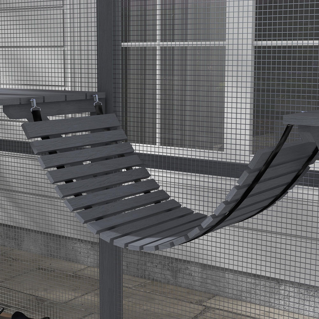 PawHut 9.2' Catio, Outdoor Cat Enclosure House, Wooden Feral Cat Shelter with Condos, UV and Waterproof Canopy, Suspension Bridges, Platforms & Multiple Doors for 3-6 Cats, Gray PawHut