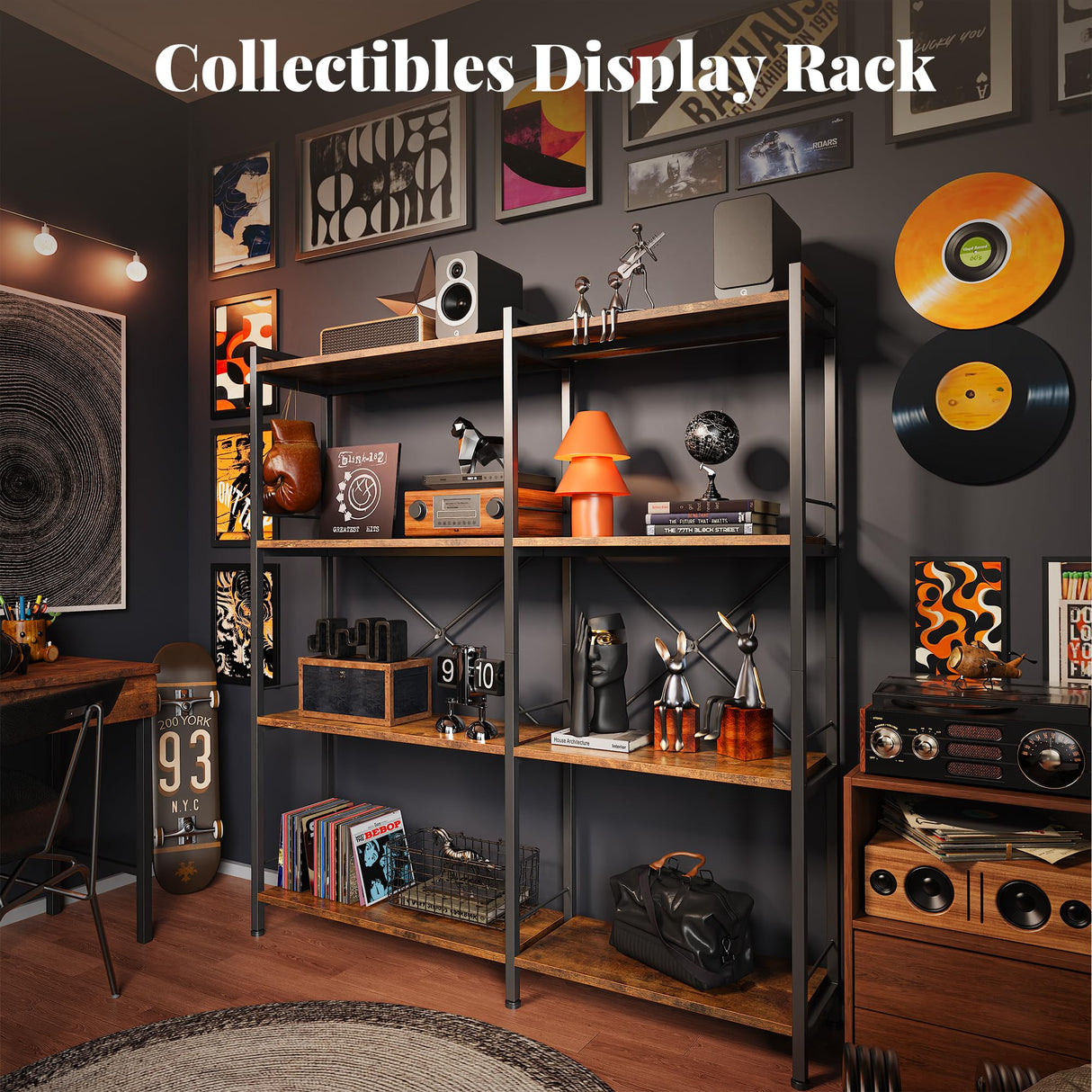 Huuger 4 Tier Bookshelf, L Shaped Corner Bookshelf with 8 Open Shelves, 49.4 Inch Straight Wide Bookcase with Metal Frame and Wooden Board, Adjustable Feet, Rustic Brown