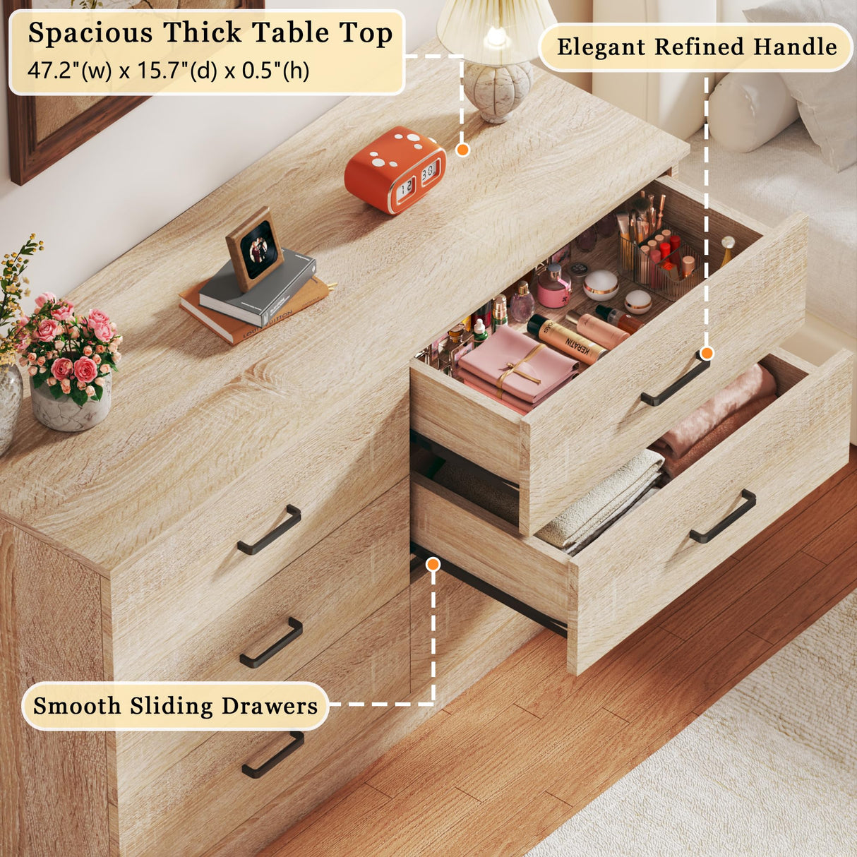 LIMGLIM 6 Drawer Dresser for Bedroom, Wooden Chest of Drawers with Metal Handles, Mid Century Modern Bedroom Dressers, TV Stand Large Storage Organizer for Living Room, Entryway, Light Oak LIMGLIM