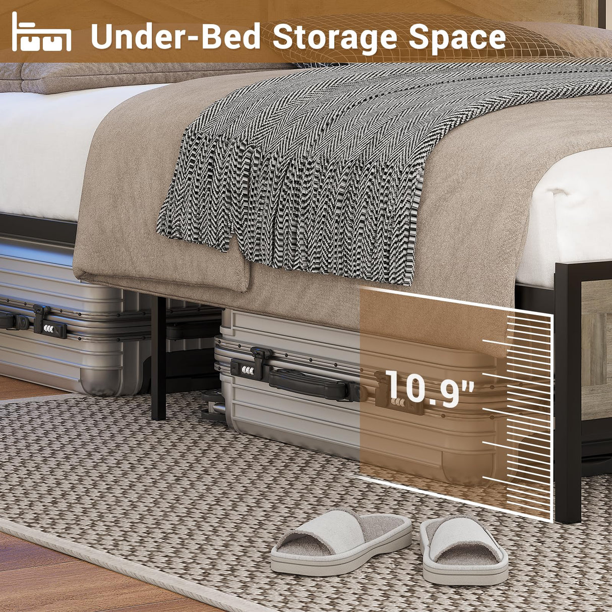 Hasuit Rustic Oak Queen Bed Frame with LED Lights, Charging Station & Storage Headboard Hasuit