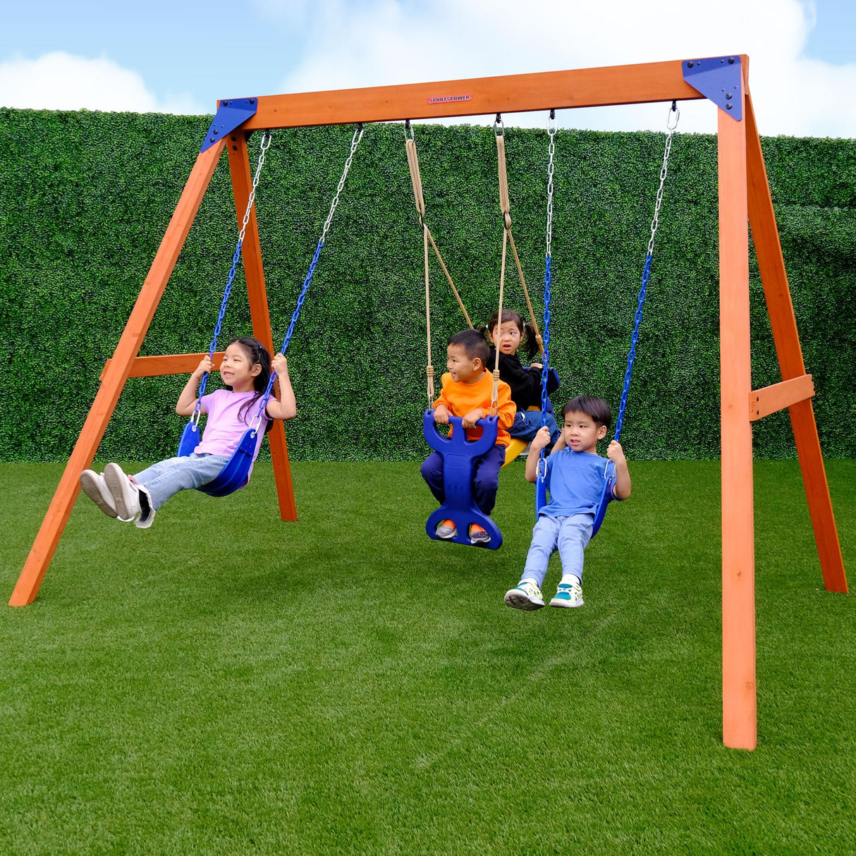 Sportspower™ Madison Wooden Swing Set: 2 Height Adjustable Swings and 2 Person Roman Glider Swing, Backyard Outdoor Playset for Kids Sportspower