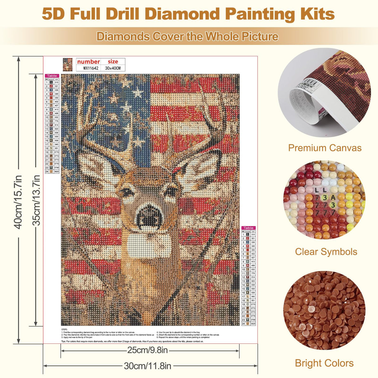 MEIYUDA Deer Diamond Painting Kits for Adults, DIY American Flag Deer Diamond Art Dots for Adult Beginners, Full Diamond Art Painting Kit for Home Wall Decor Gifts 12x16inch MEIYUDA