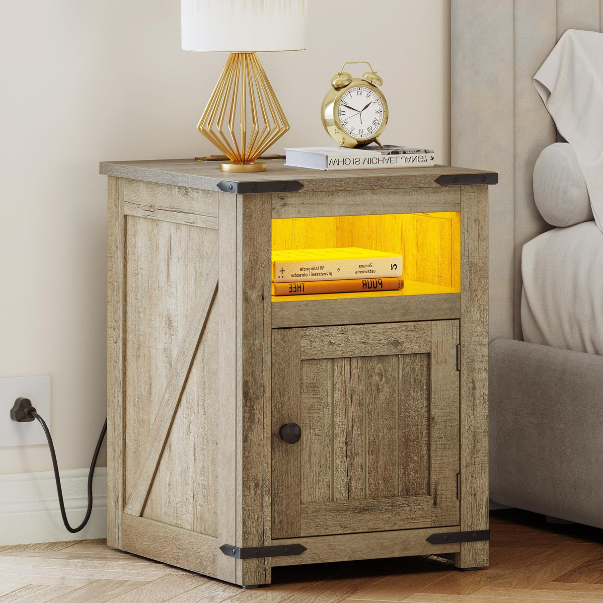 YITAHOME Farmhouse End Table with Charging Station, Nightstand Side Table Coffee Table with LED Lights Adjustable Shelf, End Table with Storage for Living Room, Bedroom, Old Oak YITAHOME