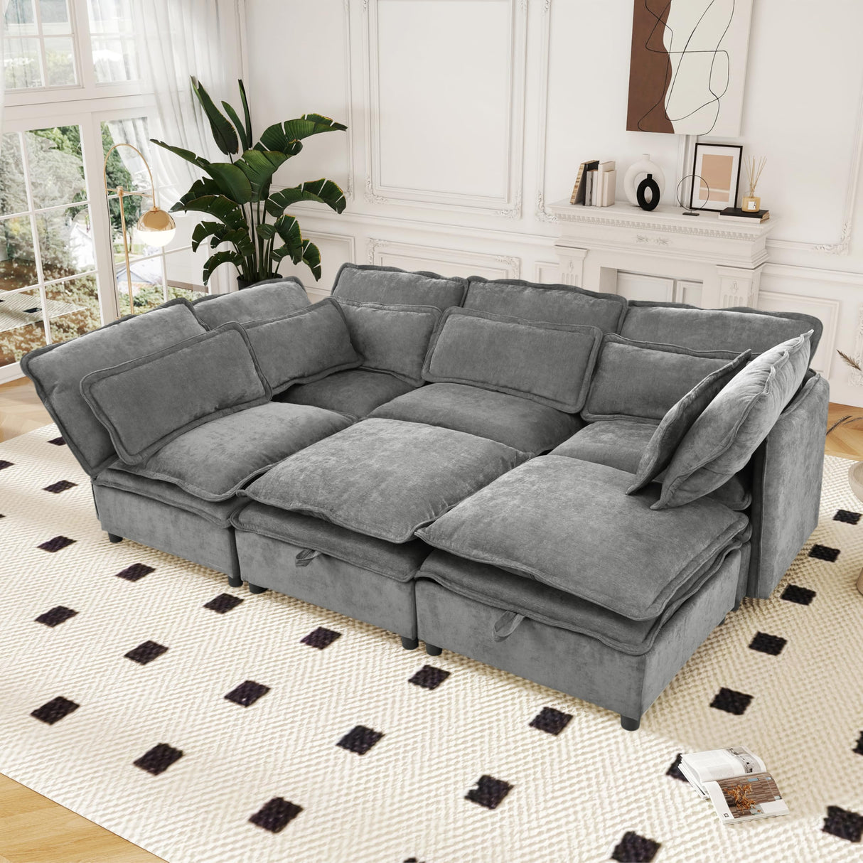 Merax Modular Sectional Sofa with Storage, Freely Combinable Modern Couch Bed with Double-Layer Cushions, for Living Room, Office, and Apartment, Grey Merax