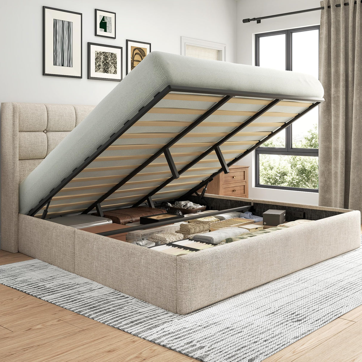 Lifezone King Size Storage Bed Frame with Hydraulic Lift & Wingback Headboard, Linen Upholstered, Space Saving Platform, No Box Spring Needed, Noise Free, Strong Support, Modern Furniture, Beige Lifezone
