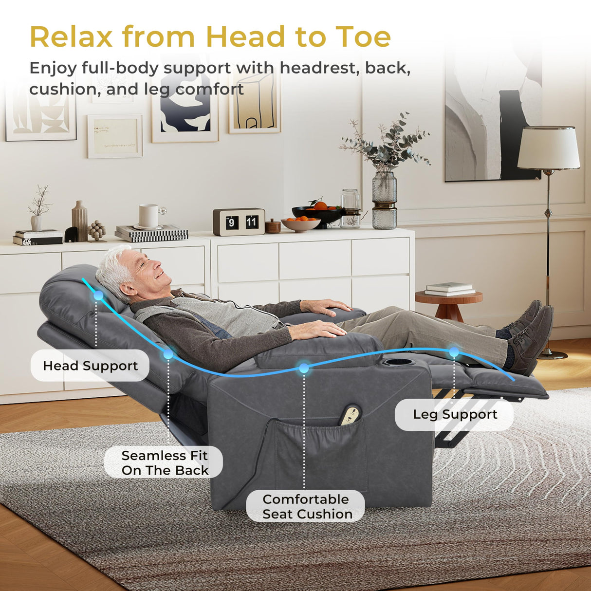 VUOVUS Power Lift Recliner Chair for Elderly, Electric Recliner with Remote Control, Adjustable Footrest, PU Leather Living Room Recliner with Cup Holders and Side Pockets (Light Grey) VUOVUS