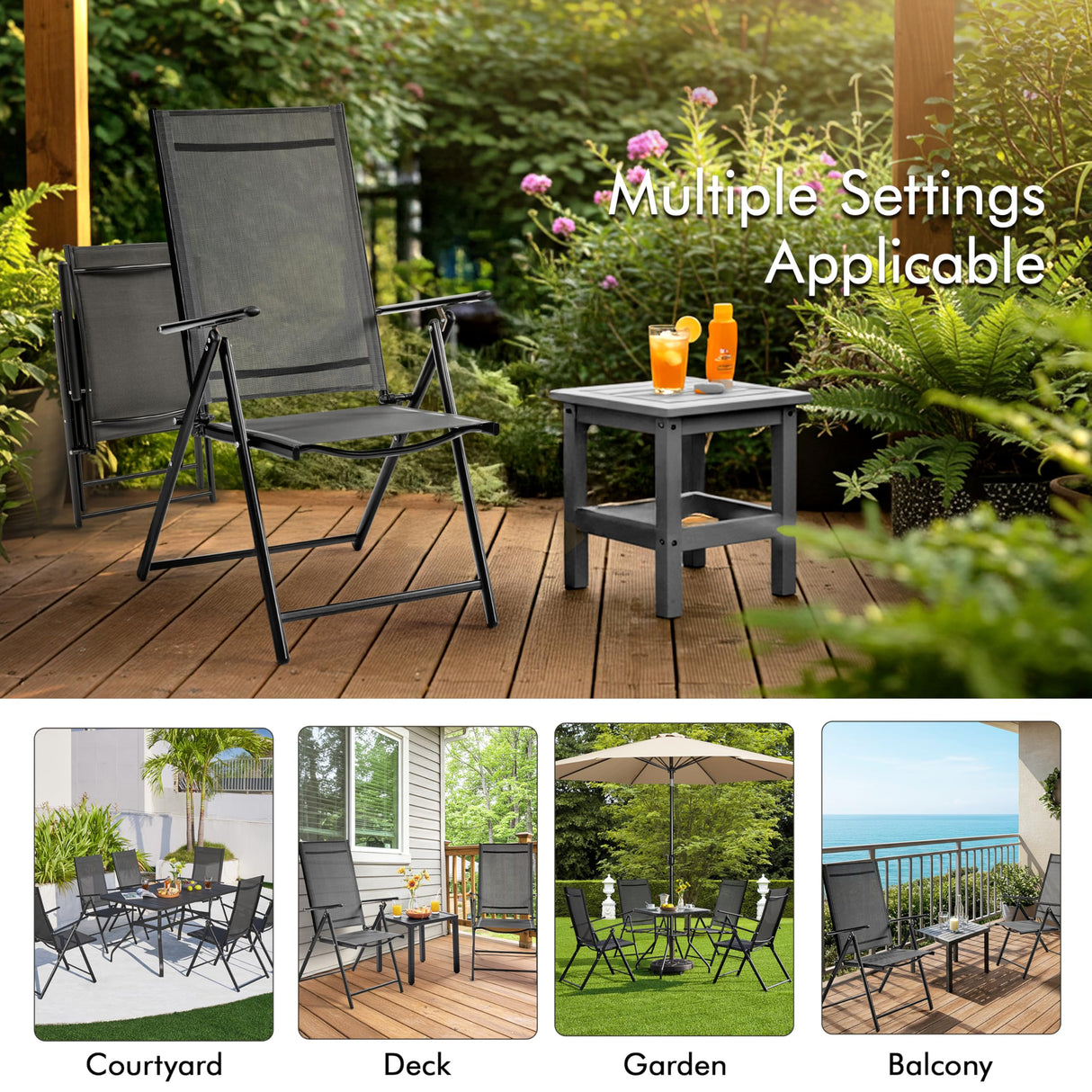 Yaheetech Patio Folding Dining Chairs Set of 2, Stackable Outdoor Lawn Chairs with 8 Adjustable Back Positions and Armrest for Garden, Lawn, Yard and Beach, Dark Gray Yaheetech