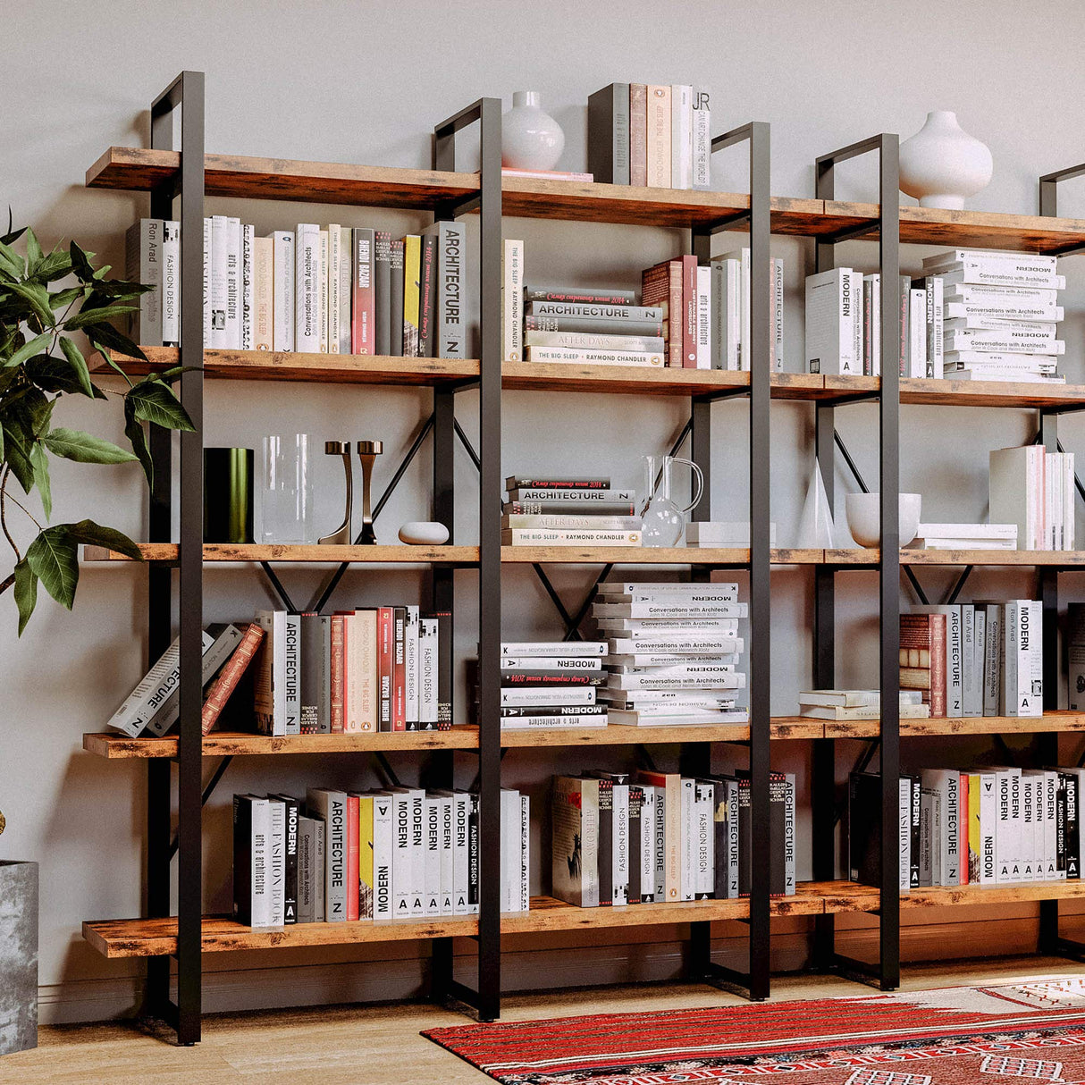 Ironck Double Wide Industrial 5-Tier Bookshelf with Open Shelves in Vintage Brown IRONCK
