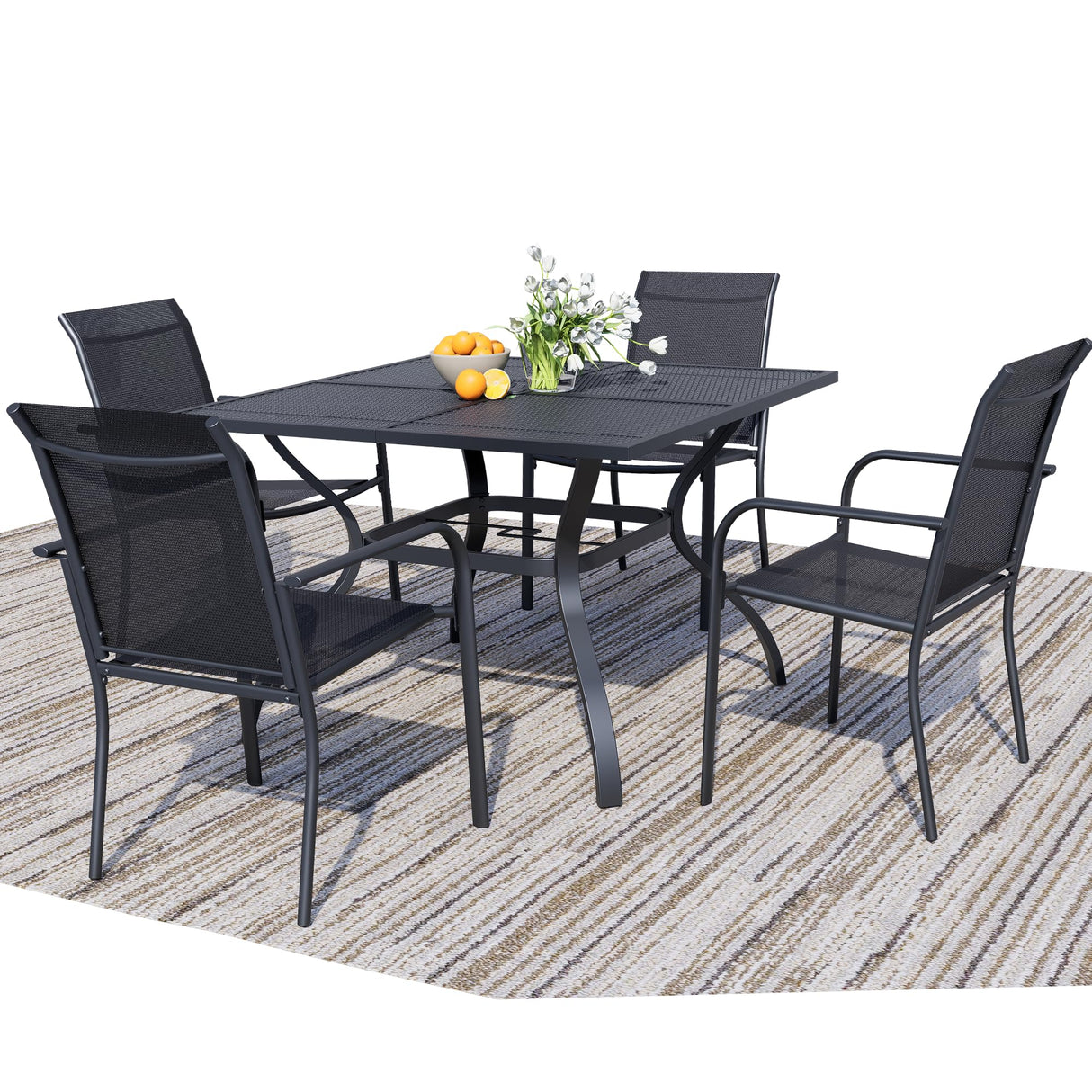 Seekverse 5-Piece Outdoor Dining Set, Square Metal Table with 4 Black Chairs, Black Patio Table with Umbrella Hole for Garden, Yard, Patio Seekverse