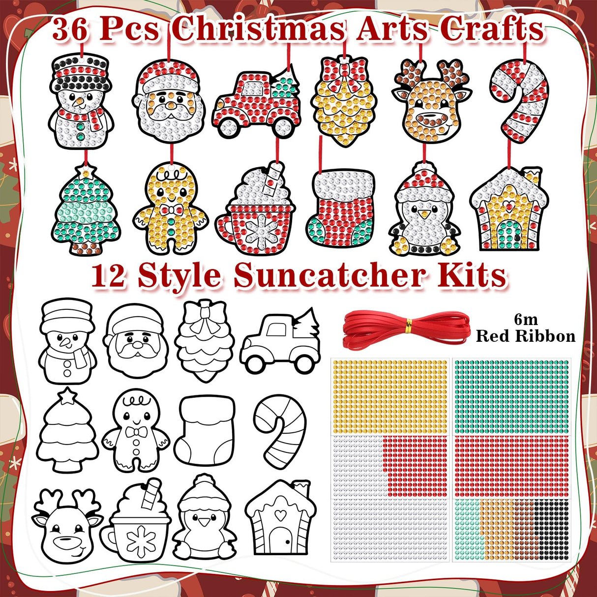 Gersoniel 36 Sets Christmas Window Art Suncatcher Kits, Diamond Art Craft Ornament Kits with Ropes, Gem Suncatcher Fun Gemstone Sun Catcher, Diamond Crafts Gift Gersoniel