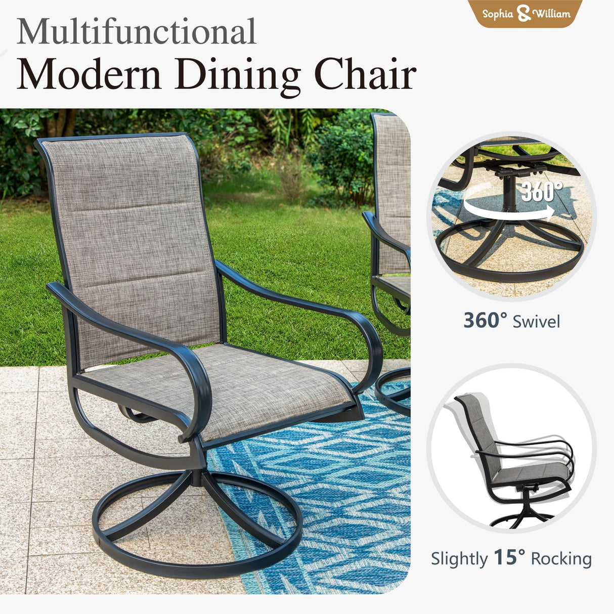 Sophia & William Patio Dining Set 7 Pieces, 6 x Patio Dining Swivel Chairs Padded with 1 Umbrella Table, Outdoor Table and Chairs for Lawn Garden Sophia & William