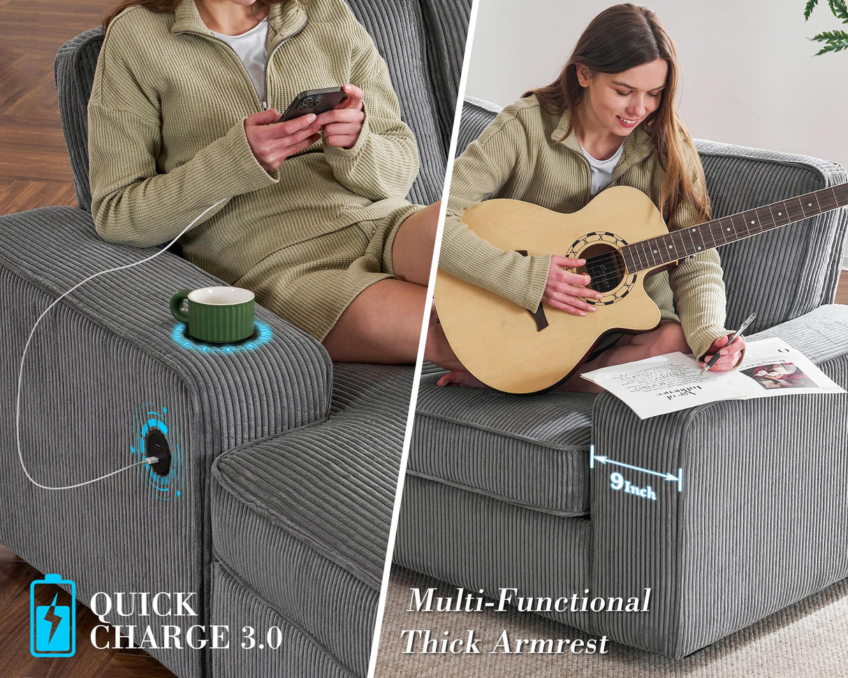 PaPaJet U Shaped Couch, 112 Inch Oversized Couch with Storage Chaise, Sectional Sofa with Cup Holders & 2 USB Ports, Corduroy Grey Sofa PaPaJet