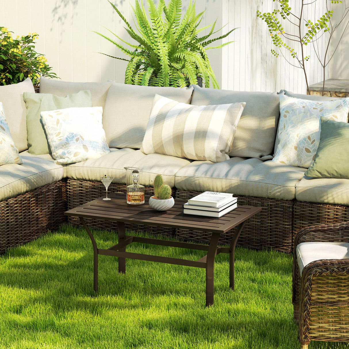 Outsunny Outdoor Coffee Table, All-Weather Rectangle Metal Patio Coffee Table with Slatted Tabletop for Outside, Patio, Garden, Balcony, Backyard, Brown Outsunny