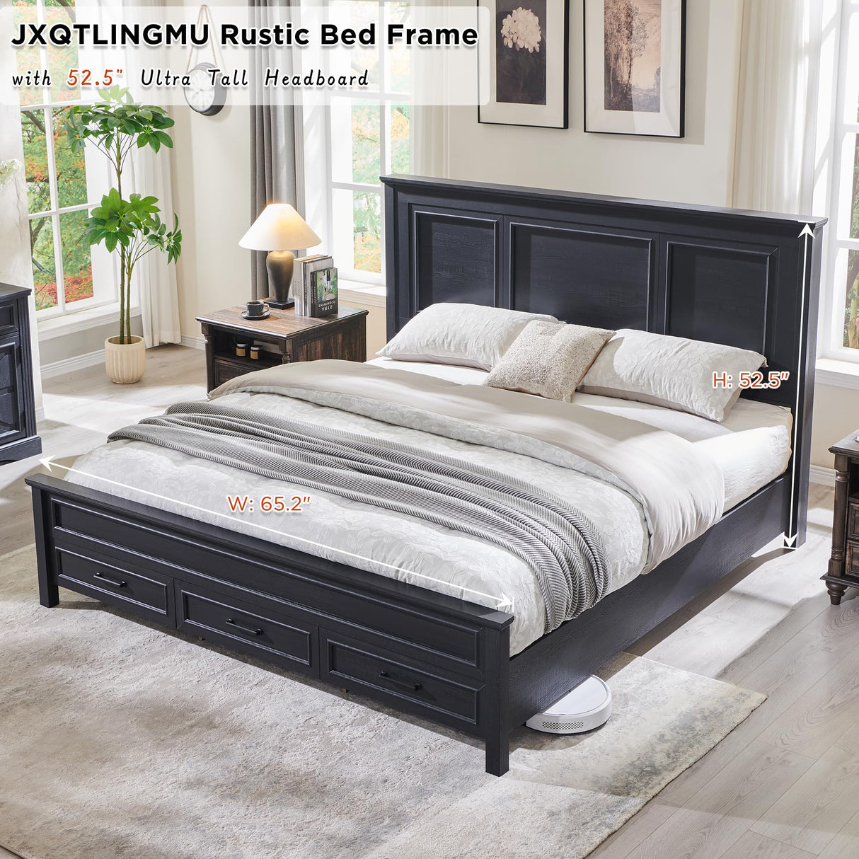 JXQTLINGMU Farmhouse Queen Wood Bed Frame with 52" Tall Headboard & Footboard, Platform Bedframe with Hidden Storage Drawers, Noiseless, No Box Spring Required, Antique Black JXQTLINGMU