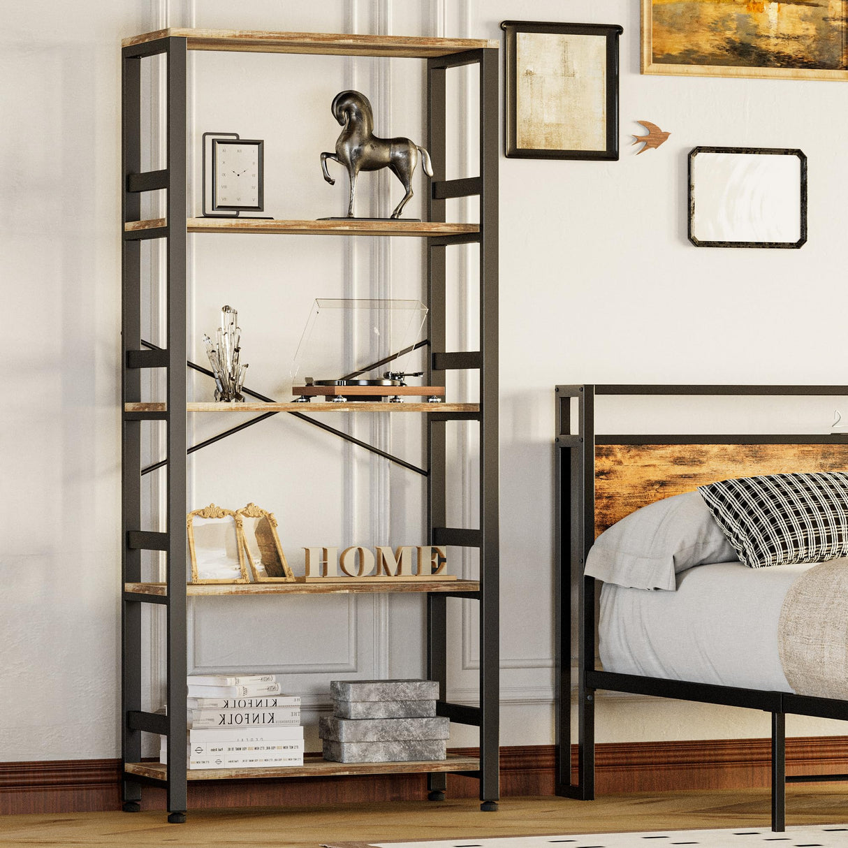 IRONCK 5-Tier Vintage Industrial Ladder Bookshelf - 31.5in Wide, Rustic Brown Design IRONCK