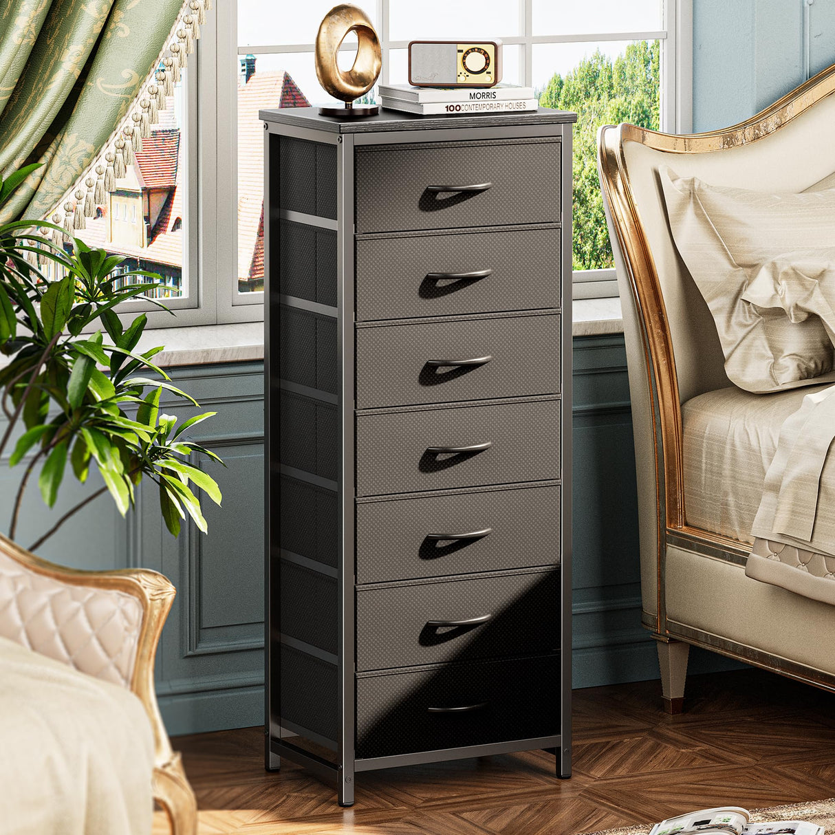Huuger Tall Dresser for Bedroom, 7 Drawer Dresser & Chests of Drawers, Fabric Dresser for Closet, Bedroom, Night Stand, End Table with Metal Frame, Storage Tower with Fabric Bins, Black Huuger