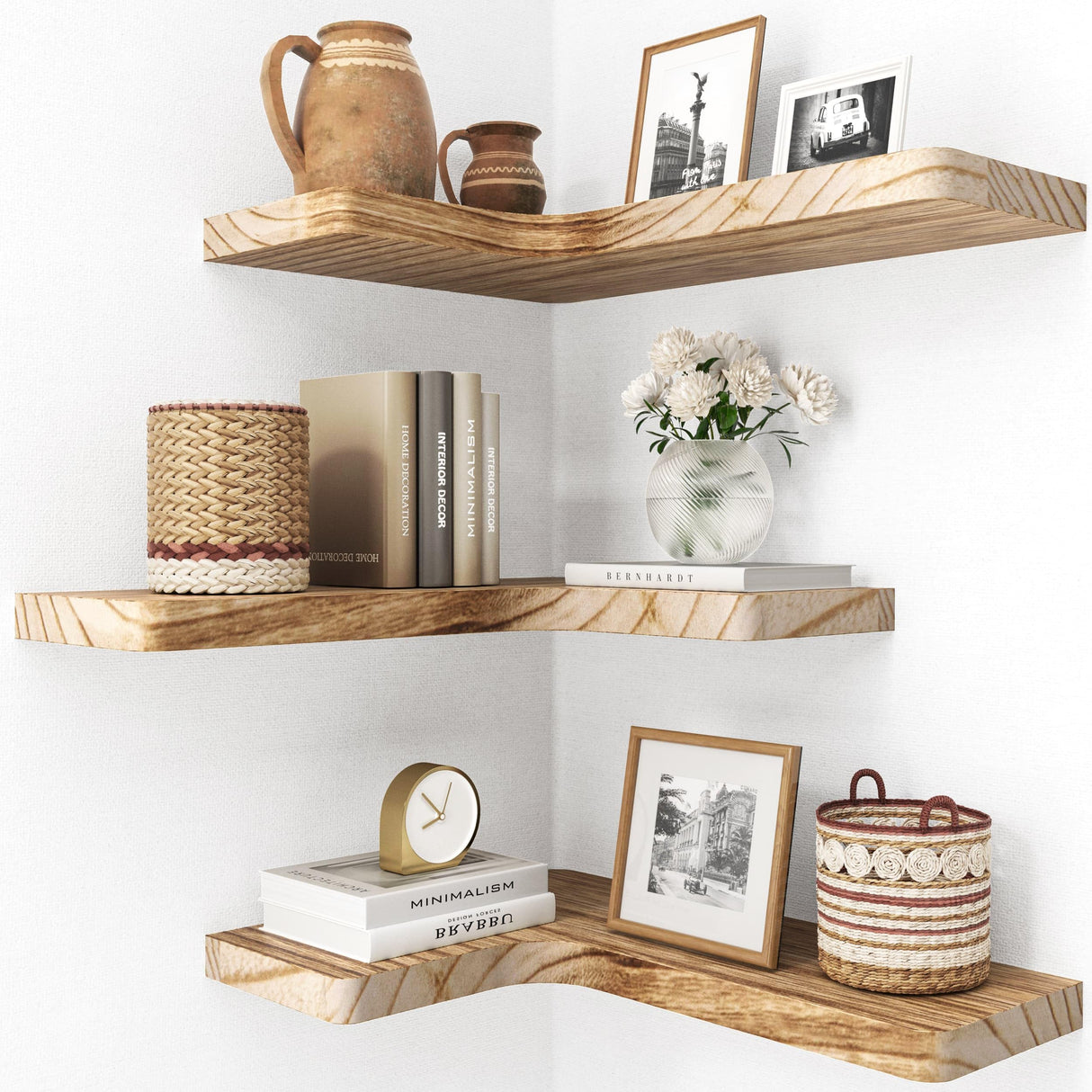 fuqing Floating Corner Shelves, Wall Shelf Set of 3, Shelves for Wall Storage, Solid Wood Shelves for Storage, Wall Mount Wooden Display Shelf for Bathroom Bedroom Kitchen Garage, Carbonized Black fuqing