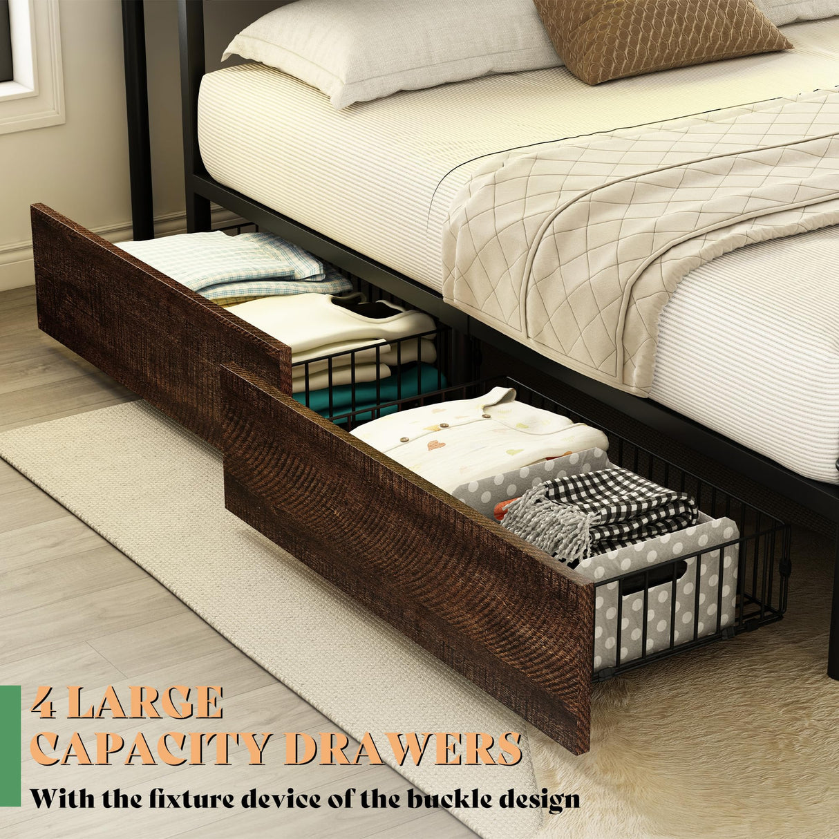 AMERLIFE King Size Bed Frame with Bookcase Headboard, 4 Storage Drawers, Wooden Platform Bed with Charging Station & LED Light, No Box Spring Needed, Noise-Free, Rustic Brown AMERLIFE