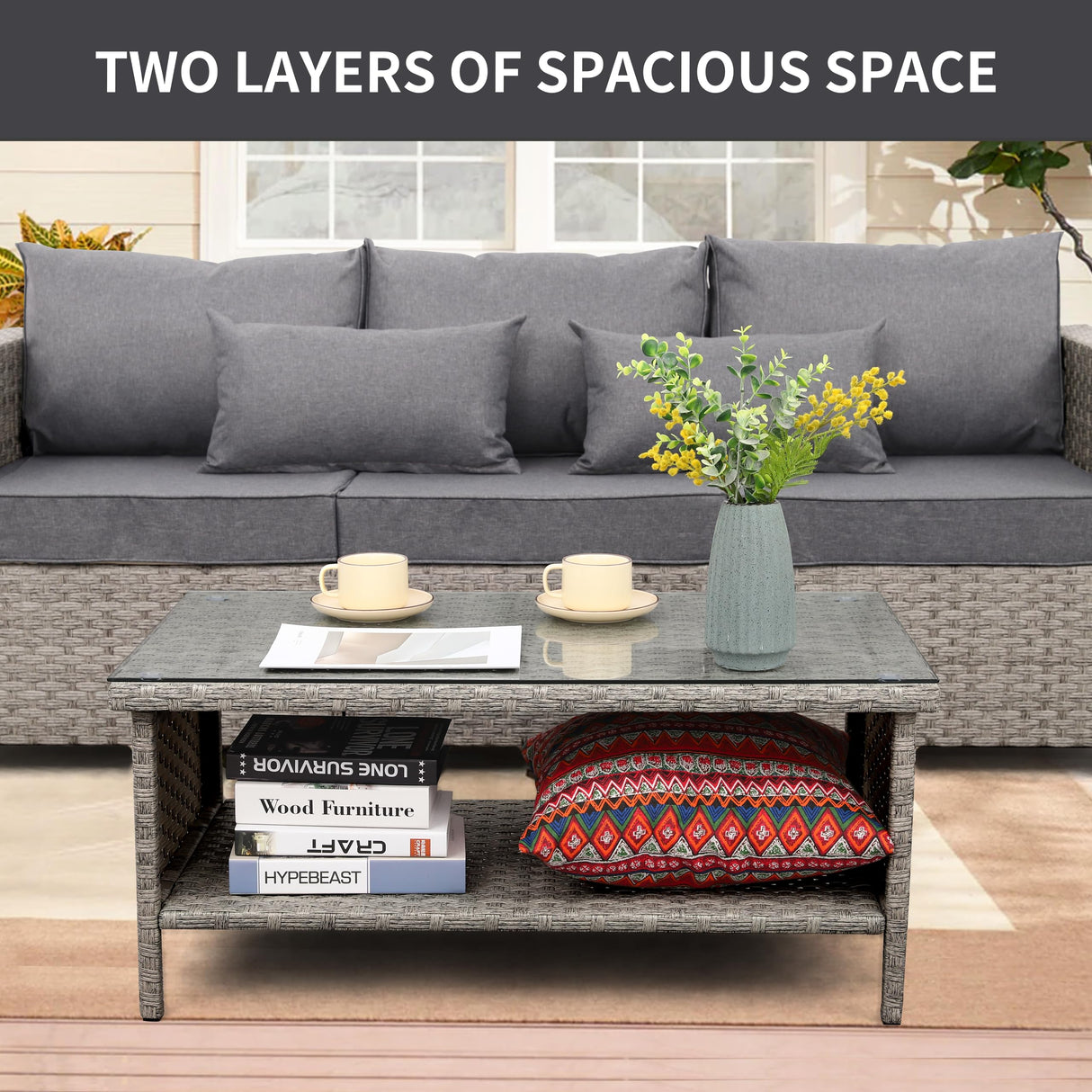 WAROOM Outdoor PE Wicker Coffee Table - Patio Rattan Garden Side End Tea Table with Glass Top Furniture, Grey WAROOM