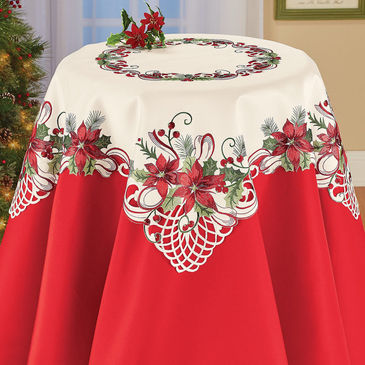 Pretty Poinsettia & Berries Christmas Table Linens, Square Collections Etc