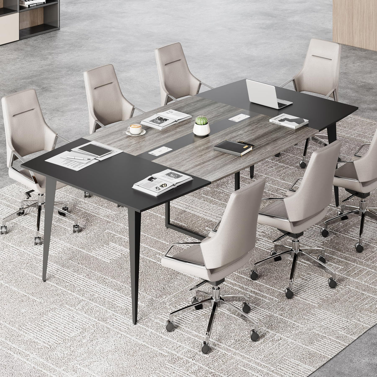 LITTLE TREE 8FT Conference Room Table, 94.48L x 47.21W x 29.52H Boat Shaped Meeting Table, Grey&Black LITTLE TREE