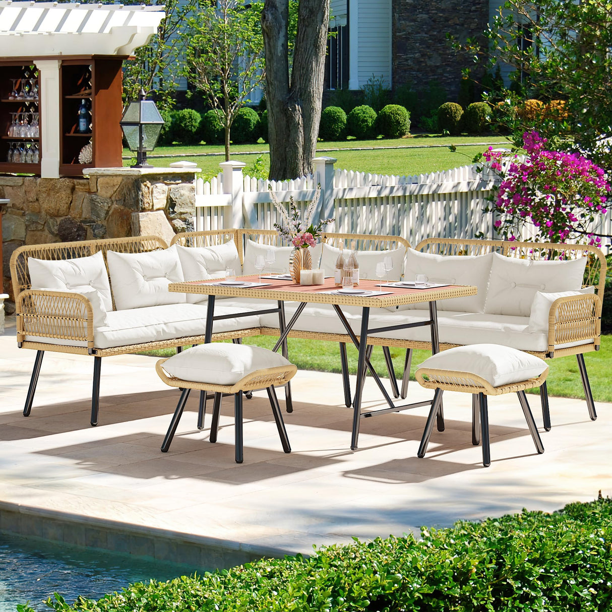 YITAHOME Patio Wicker L-Shaped Furniture Set, All-Weather Rattan Outdoor Conversation Sofa Set for Backyard Deck with Soft Cushions,Ottomans and Plastic Wood Dining Table (Light Brown+Beige) YITAHOME