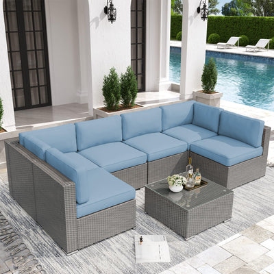 Crownland 7-Pieces Outdoor Patio Furniture Sets, All-Weather Grey Wicker Rattan Sectional Sofa, Modern Glass Coffee Table and Washable Seat Cushion with YKK Zipper (Light Blue)