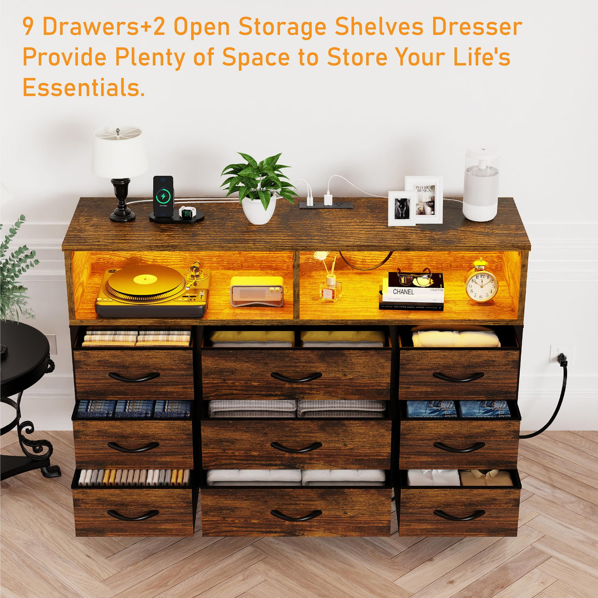 eiskah Dresser for Bedroom, Led Dresser TV Stand with Power Outlets and LED Lights, Long Fabric Dressers Wide Chest of Drawers with Large Organizer for Living Room, Entryway, Hallway,Rustic Brown eiskah