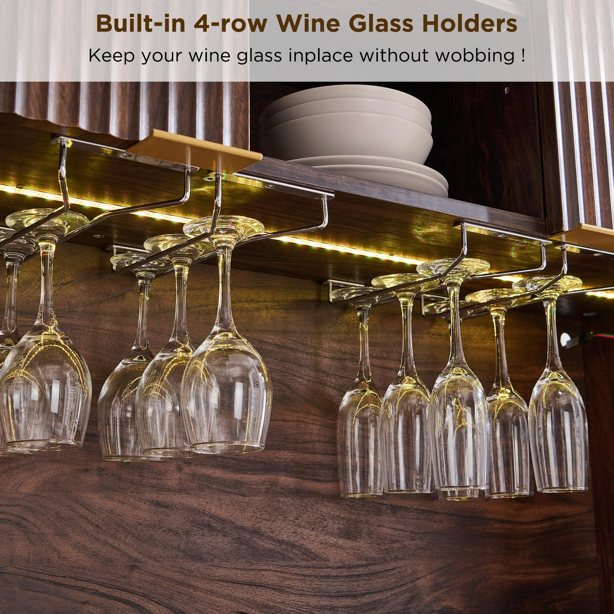 OKD 72" Tall Wine Bar Cabinet with Storage Hutch, Modern Wood Fluted Coffee Bar Cabinet with LED Lights and 10 Tier Storage Shelf & 9 Grid Wine Glass Rack for Home Dining Room Kitchen (Dark Walnut) OKD