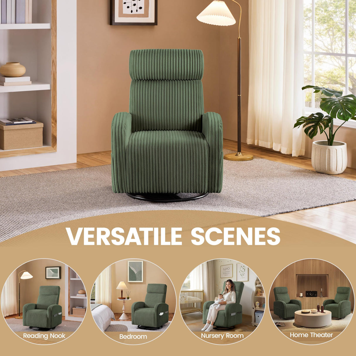 Yaheetech 360° Swivel Glider Chair for Nursery, Rocking Chair Nursing Chair with Side Pockets, Corduroy Glider for Living Room with High Back Dark Green Yaheetech