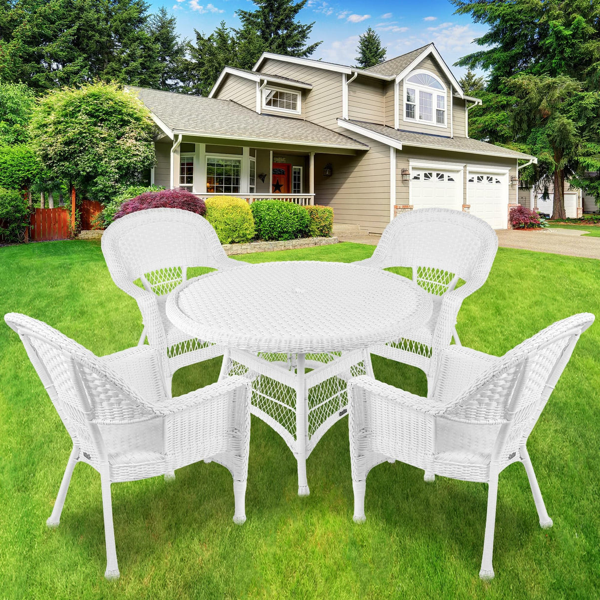 Jeco 5 Piece Wicker Outdoor Dining Set, White Jeco