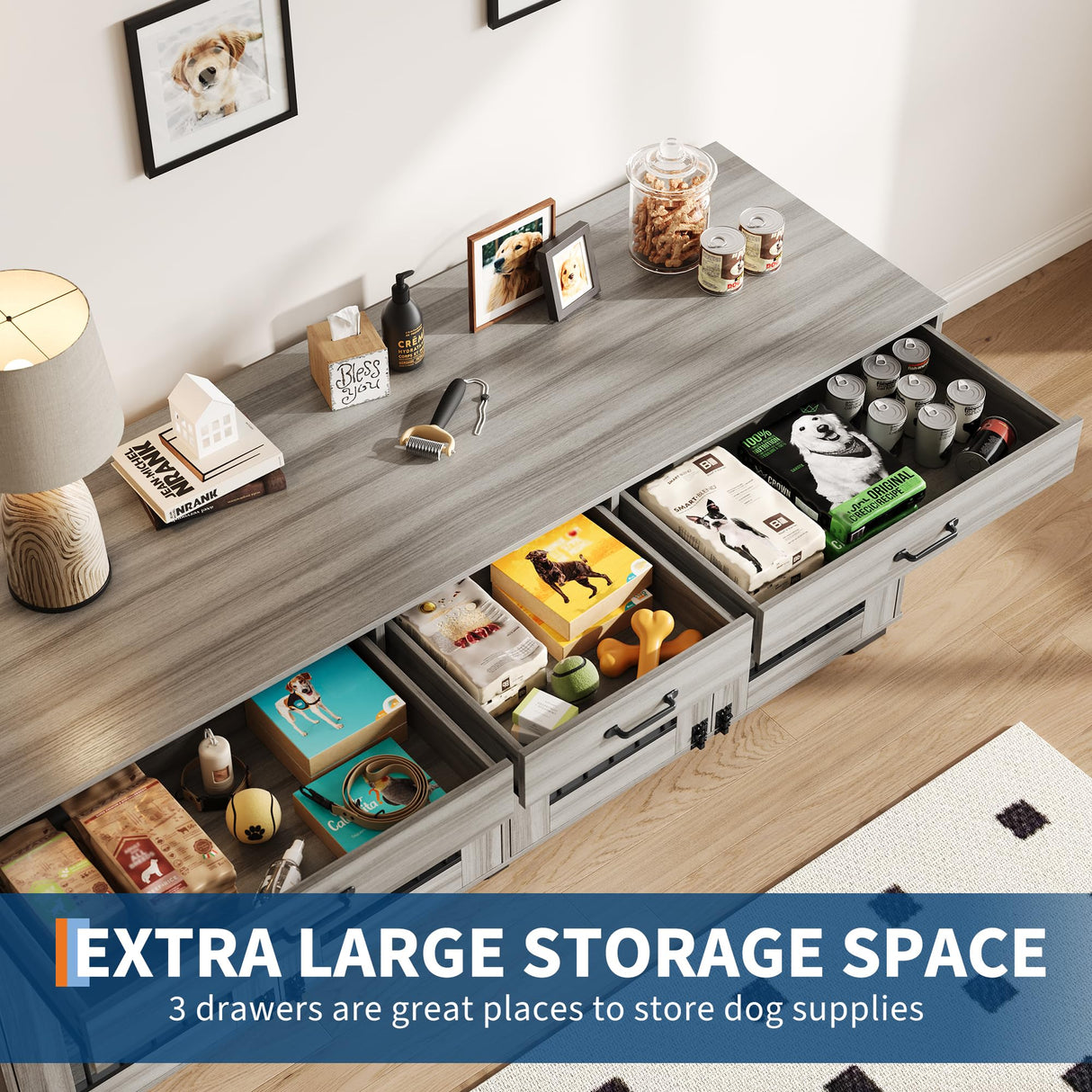 GarveeLife 71 Inch Dog Crate Furniture for 2 Rooms, Wooden Double Crate Large Breed with Door, Dog Kennel Indoor, TV Stand End Table with Divider for Large Medium Dogs,Grey GarveeLife