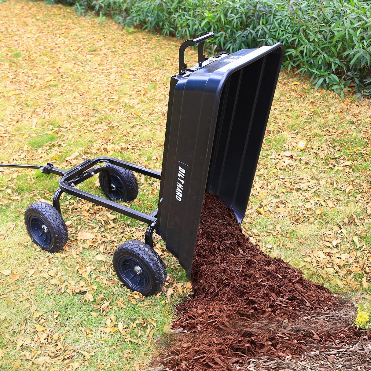 BILT HARD 4 Cu.Ft. 10" No-Flat Tires Poly Yard Dump Cart with 180° Rotating Handle, 600 lbs Capacity Heavy Duty Garden Carts and Wagons BILT HARD