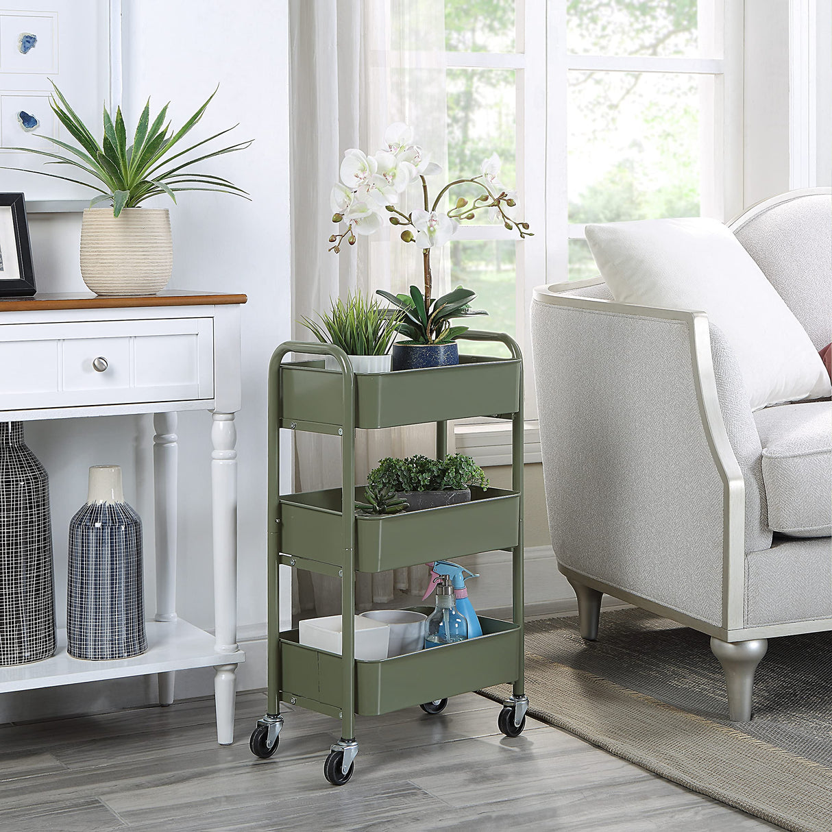 SunnyPoint 3-Tier Delicate Compact Rolling Metal Storage Organizer - Mobile Utility Cart Kitchen/Under Desk Cart with Caster Wheels (Army, Compact (15.5" X 26.8" X 10.27")) SunnyPoint