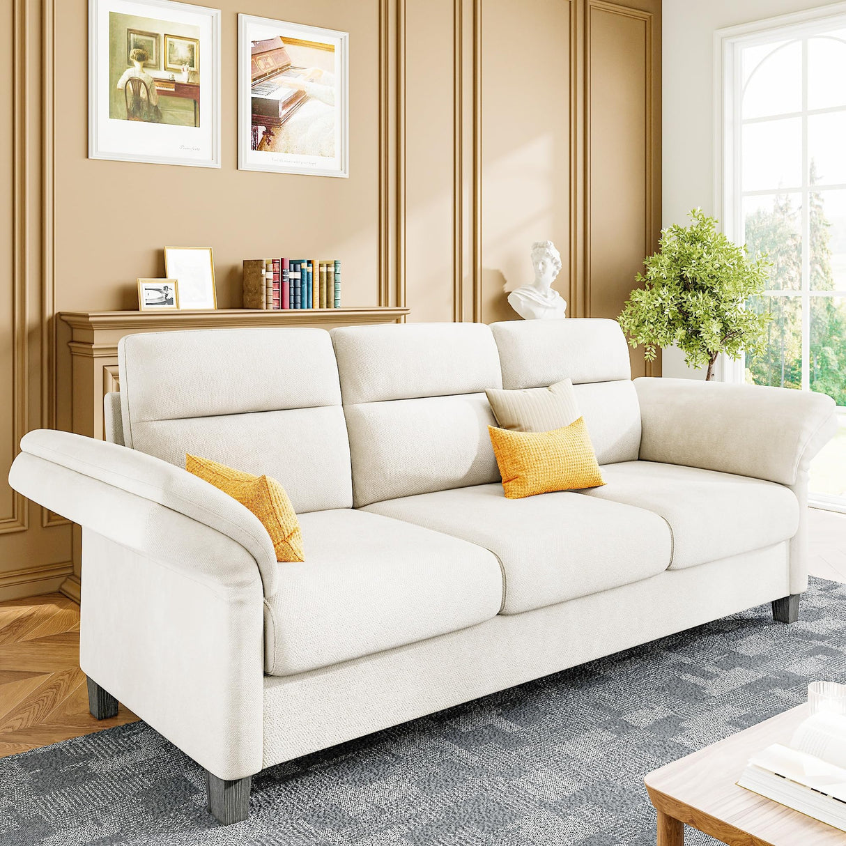 LIKIMIO Sofa Couches for Living Room, with Adjustable armrests, Extra Deep Seats 3 Seater Sofa, Modern Couches for Living Room/Apartment, Easy Assembly, Beige Chenille (92 Inch) LIKIMIO