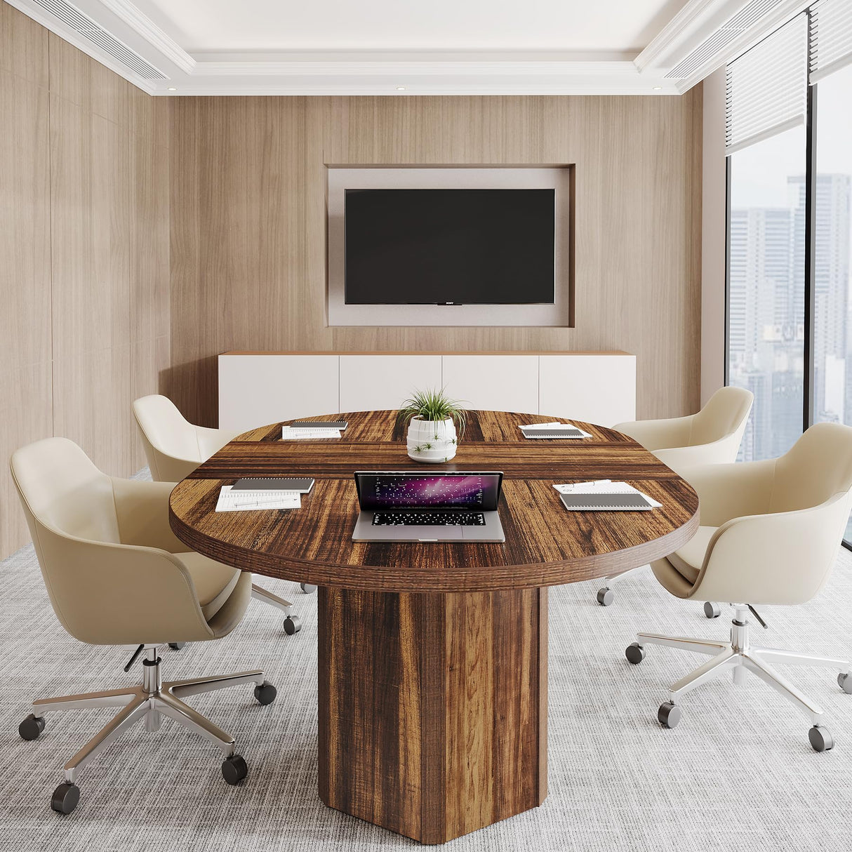 Tribesigns 55.12 Inches Oval Conference Table, Rustic Wood Conference Meeting Room Table for 4-6 People, Small Seminar Table with Polygon Shaped Base for Break Room Office, Large Office Desk, Brown Tribesigns