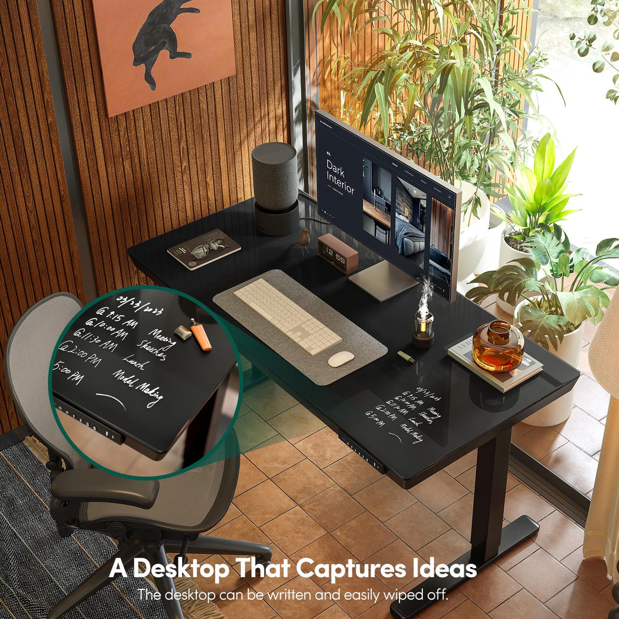 FEZIBO 48 × 24 Electric Standing Desk with Drawers, Whole-Piece Glass Adjustable Height Desk, One-Piece Quick Install Adjustable Sit Stand Desk, Black FEZIBO