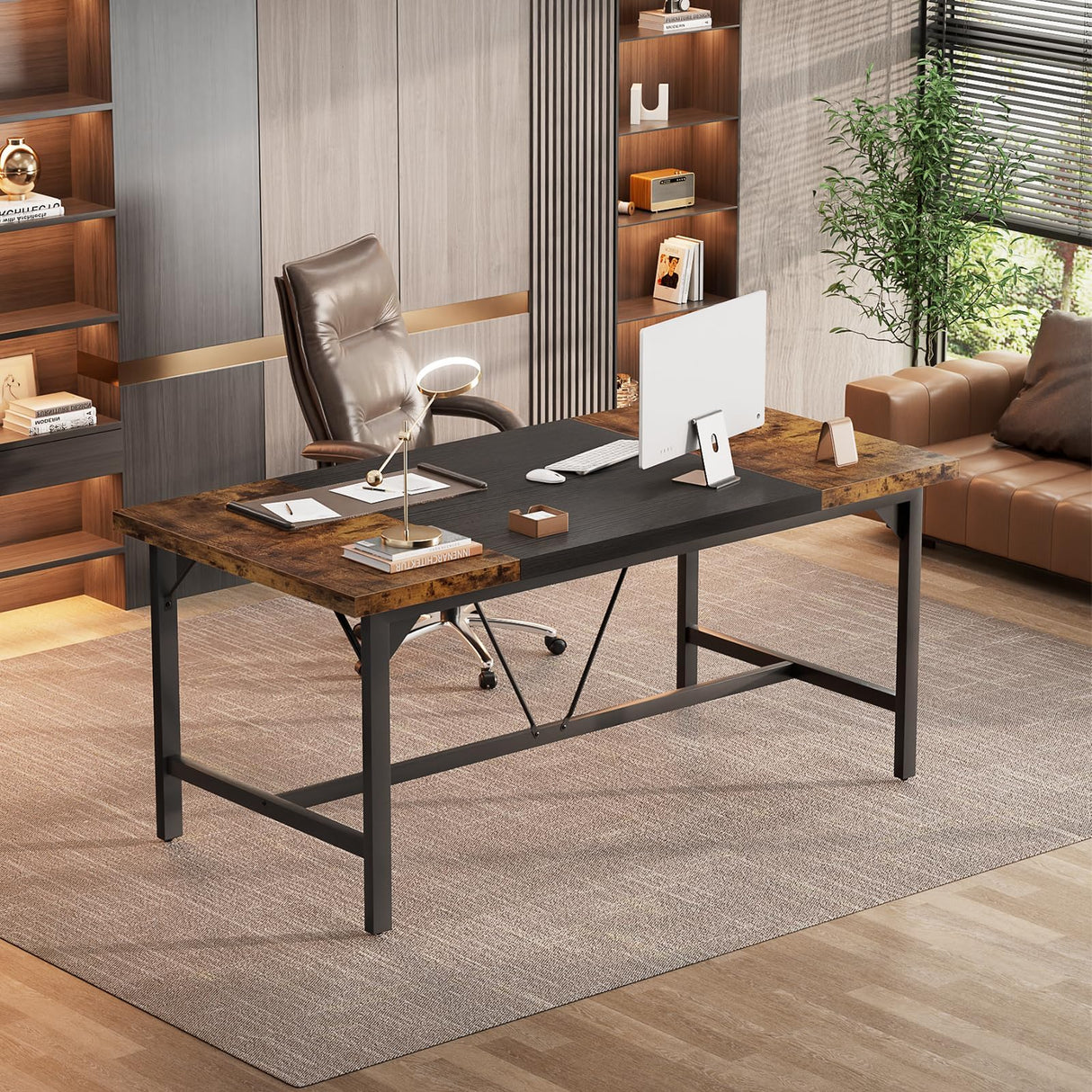 Unikito Large Computer Desk, 63 x 31.5 Inch Long Office Desks, Premium Sturdy 2 Person Desk, 1.4” Thick Study Writing Table, Modern Laptop Computer Table for Home Office Workstation, Rustic Brown Unikito