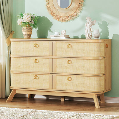 HUAHUU 6 Drawer Rattan Dresser for Bedroom, 43'' Fluted Modern Wooden Dresser with Metal Handles&Wood Legs, Curved Profile Design, Boho Chest of Drawers for Bedroom, Living Room, Natural