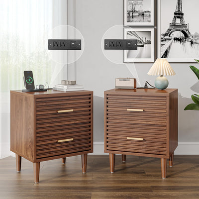 Whalefall Night Stands with Charging Station Set of 2, Mid Century Modern Nightstand, Fluted Bedside Table with Drawer, End Table Bed Side Tables for Bedroom, Accent Tables with Wood Legs, Brown 2pcs