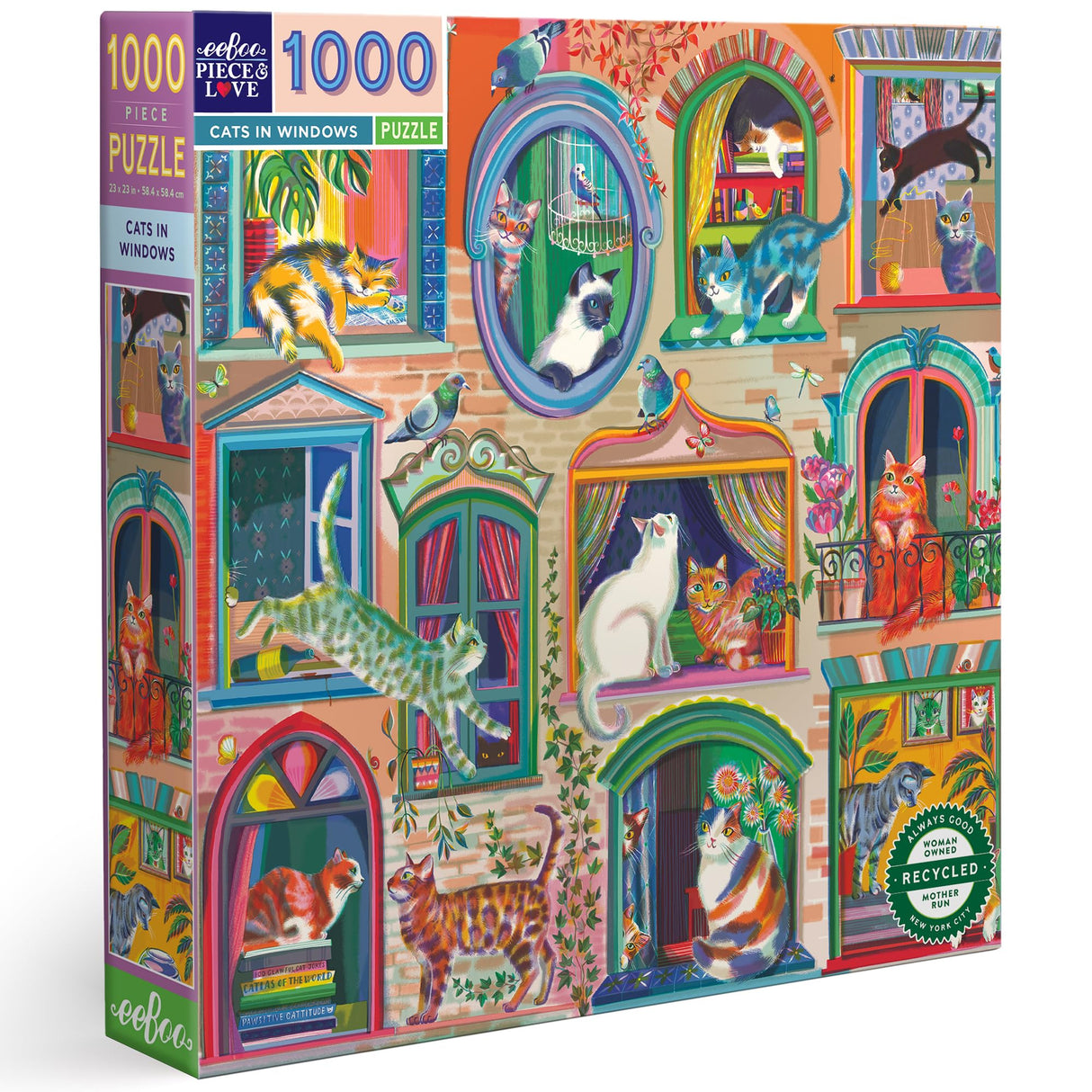 eeBoo Piece & Love: Cats in Window - 1000 Piece Puzzle - Adult Square Jigsaw, 23x23, Includes Image Reference Insert, Glossy Pieces eeBoo