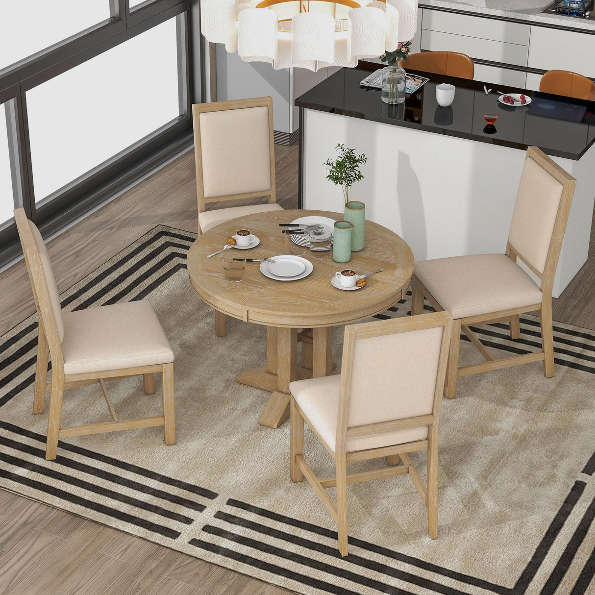 Bellemave 5-Piece Round Dining Table Set for 4 Round Extendable Kitchen Table Set with 4 Upholstered Chairs Farmhouse Round to Oval Dining Room Set for Kitchen, Dining Room (Natural Wood Wash) Bellemave