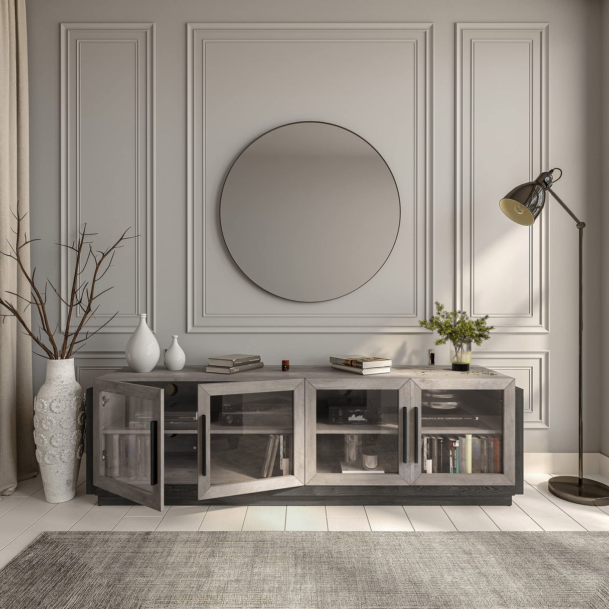 BELLEZE 70" TV Stand for TVs up to 75", Modern TV Cabinet & Entertainment Center with Shelves, Wood Storage Cabinet for Living Room or Bedroom - Brixston (Grey) BELLEZE