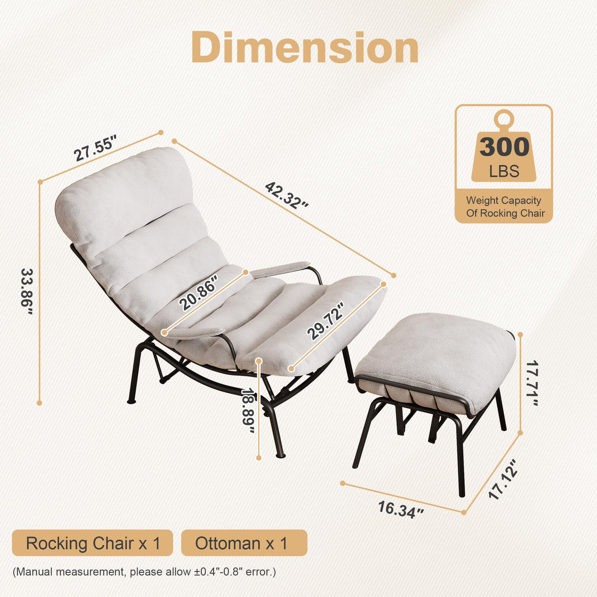 ovios Rocking Chair with Ottoman, Glider Recliner with Footrest, Lazy Accent Armchair with Comfy Cushion for Living Room Bedroom Office, Cloud Plush Velvet, White ovios