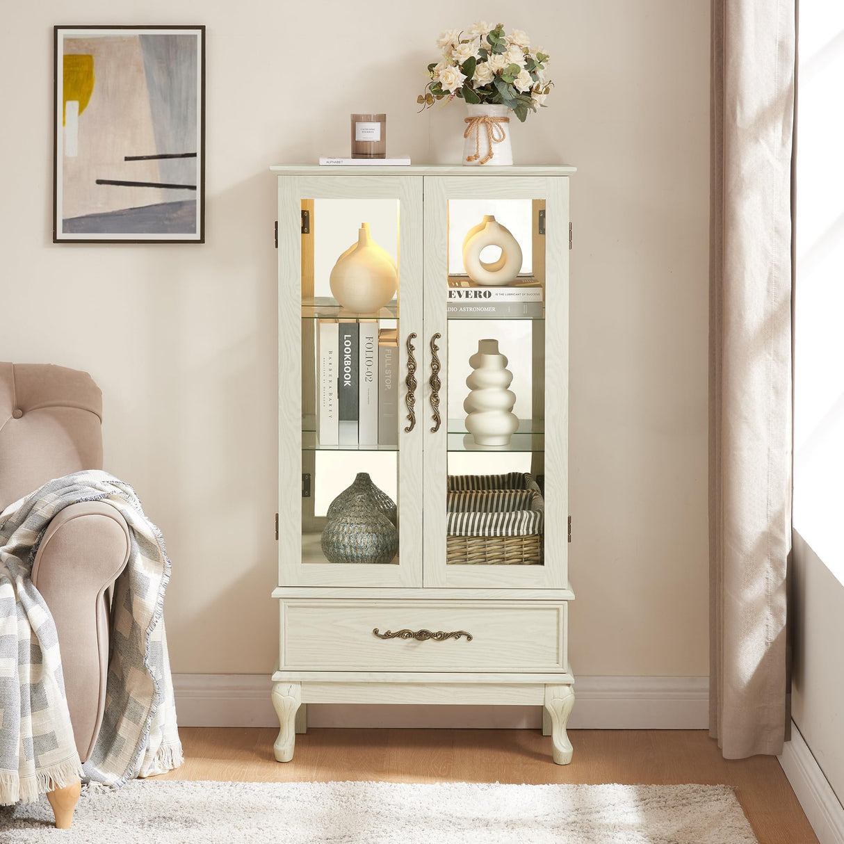 Zenvya Curio Cabinet Lighted Glass Cabinet Glass Wine Cabinet Curio Display Cabinet with Adjustable Glass Shelves 2 Doors and 1 Drawer Cabinet Sideboard with Bulb Included (Antique White) Zenvya