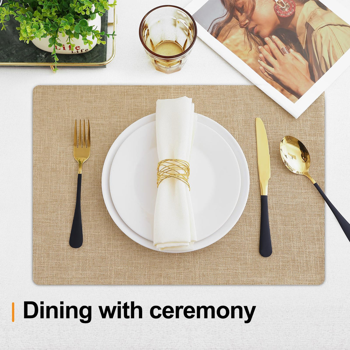 Homaxy Cloths Placemats for Dining Table Set of 6, Heat Resistant Washable Cotton Linen Blend Table Mats, Easy to Clean Place Mats for Indoor Outdoor Party Kitchen Decoration, 13" x 19", Flaxen Homaxy