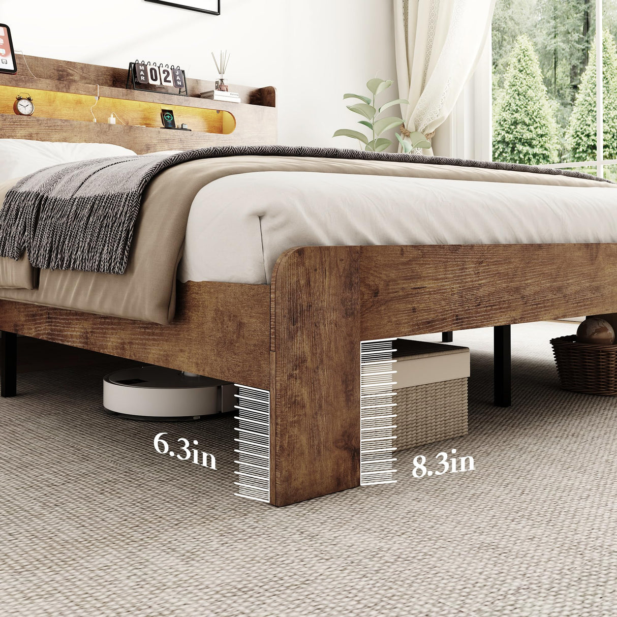 Decoholic Full Size Wooden Bed Frame, Storage Headboard with Charging Station & Led Lights, Solid and Stable, Noise Free,Rustic Farmhouse Sturdy Framework Wood Bedframe, Easy Assembly Decoholic