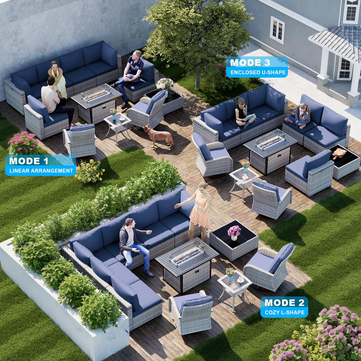 11-Piece Patio Furniture Set, Outdoor Patio Furniture with Fire Pit Table, Swivel Chairs Set, Thick Cushions, Modular Patio Sofa, Dual-Strand Wicker Rattan, Rust-Resistant Frame, Navy Blue Sweecci