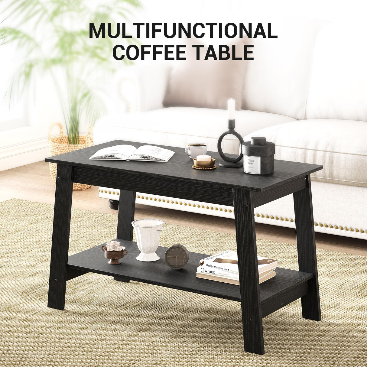 Coffee Table, Coffee Table for Living Room, Modern Farmhouse Coffee Table with Storage Shelf, 2-Tier Living Room Table Rectangular Center Table, Home Office Industrial Cocktail Tables, Black Garvee
