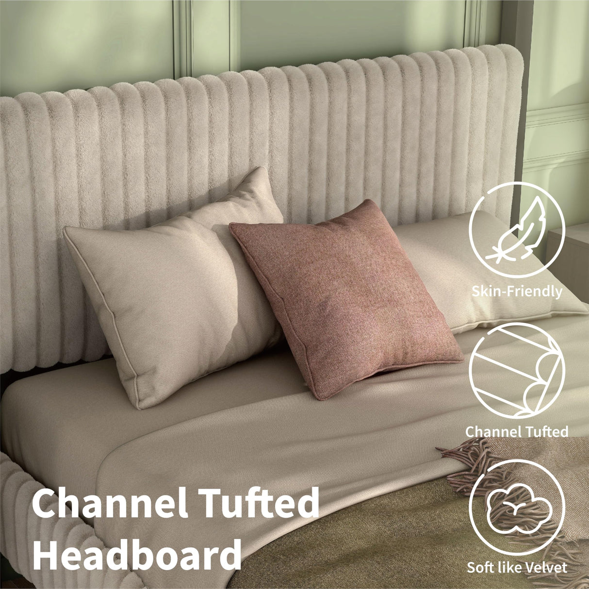 Evadne Modern Canopy Bed Frame Queen Size in Light Brown with Upholstered Channel Headboard and Wooden Slats Support HOMES: Inside + Out